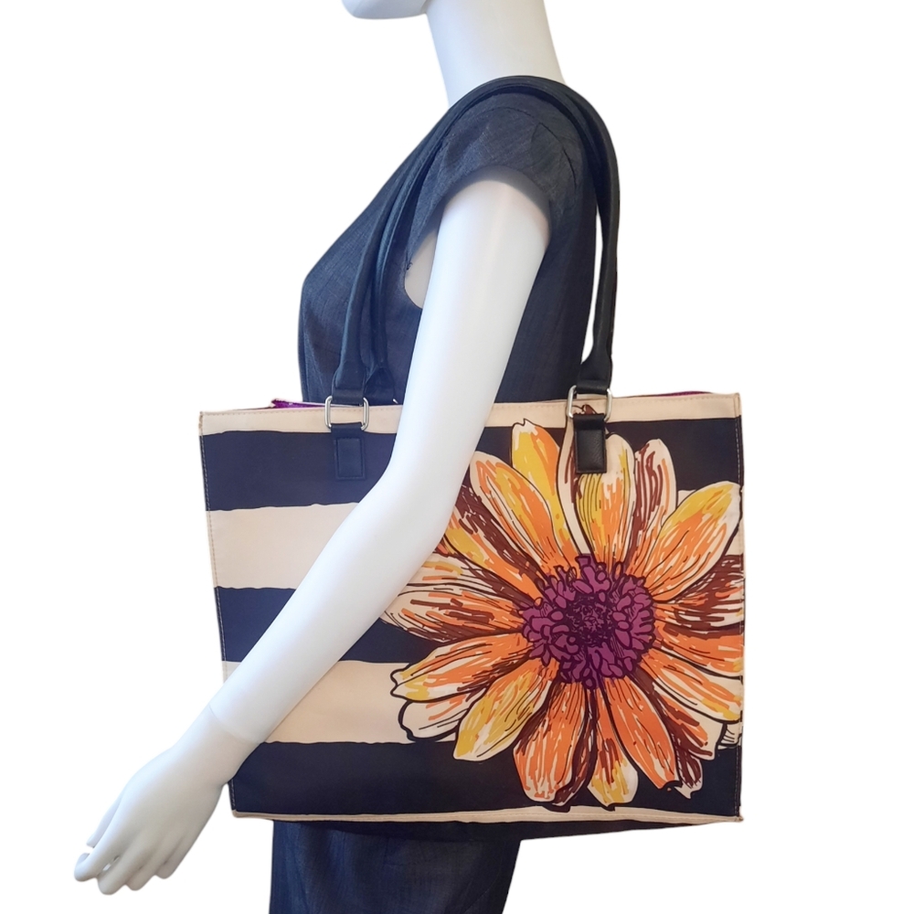 ACADIA BEAUTY LABS "Fall Into Flowers" Tote Striped/Flower Print Fabric